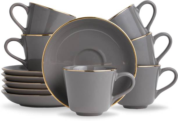 Shay Ceramic Cup Saucer Set of 6 | Grey Goldline | 180ml | For everyday evening tea