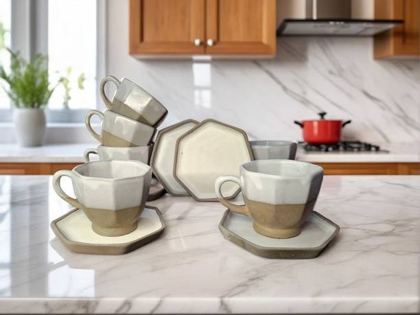 Fariya Pack of 12 Ceramic Classy 6 pcs cup saucer Set {Cup 140ml (6 pcs) || Saucer 135mm (6 pcs)}