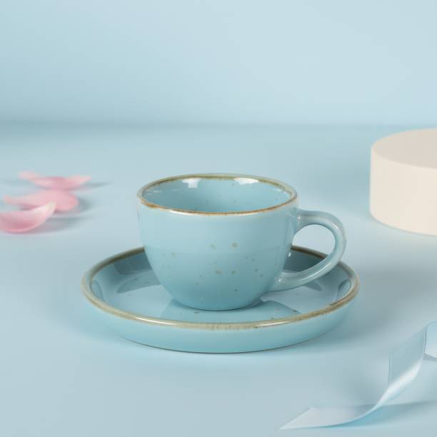CERAMYKA Pack of 1 Ceramic Espresso Cup with Saucer Set – 80ml Pastel Turquoise Blue Speckled Design
