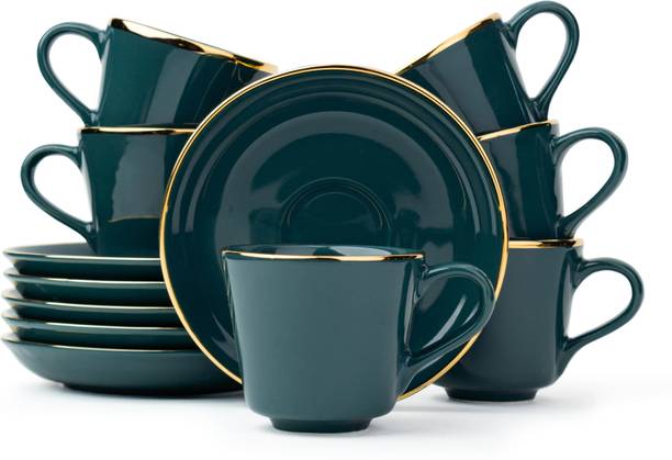 Shay Pack of 6 Ceramic Tea Cup Saucer Set of 6, Teal Gold with Real 24K Gold Line, 180ml