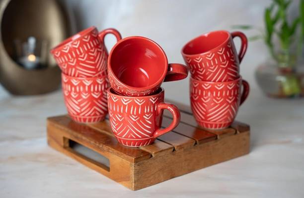 OriginalCeramics Pack of 6 Ceramic Exclusive New Red Cut Design Cups