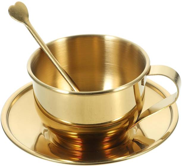 FIRAWER Stainless Steel Gold Stainless Steel Tea & Coffee Cup Set with Saucer & Spoon