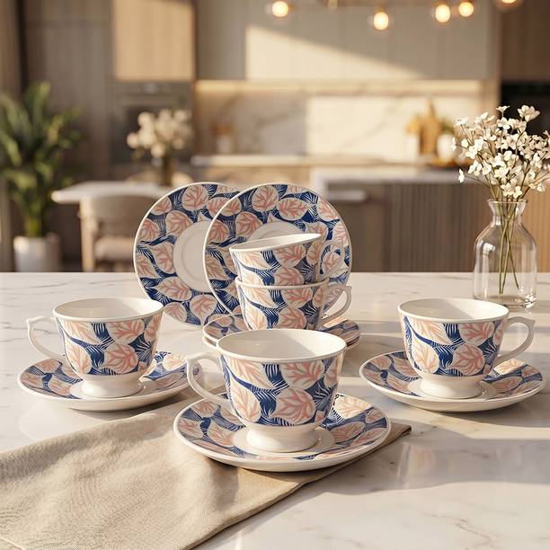 U.P.C. Cup and Saucer Set of 6 | Navy Blue & Pink Botanical Leaf Print बोन चाइना