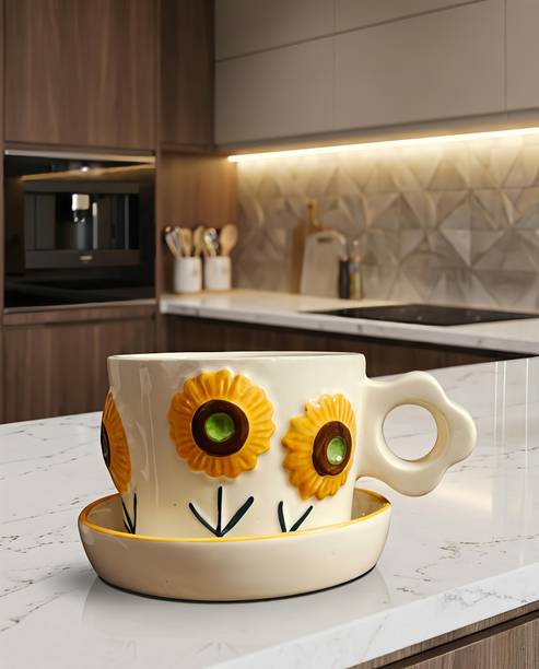 MilyandCo Pack of 1 Ceramic Luxury Floral Ceramic Tea & Coffee Mug w Matching Saucer | Premium Gloss Finish