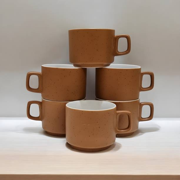 Boncel Pack of 6 Ceramic Matte Mitti Brown & White Tea/Coffee Cup Set - 170 ML Each