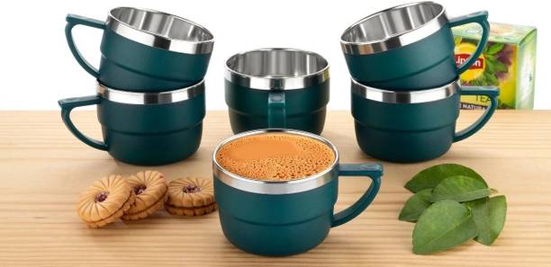 OFFYX Pack of 6 Plastic, Stainless Steel Tea Cup Set, Tea cup, Tea Cups Set, Coffee Cup (Green)