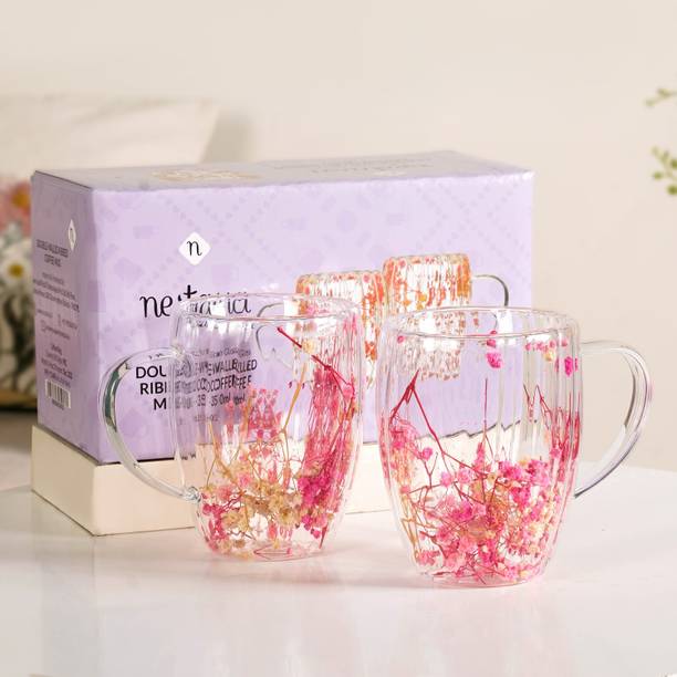 नेस्टेशिया Elegant Floral Double Wall Glass Mug Set काँच