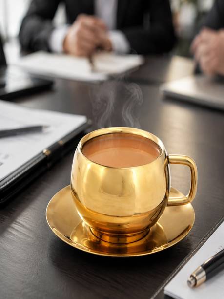 LASER ART Pack of 1 Stainless Steel Premium Gold Plated Tea Cup Set with Matching Saucer | Elegant Steel Serveware