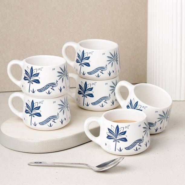 Moon Dust Pack of 6 Bone China MoonDust Ceramic Floral and Peacock Print Tea & Coffee Mug Set of 6