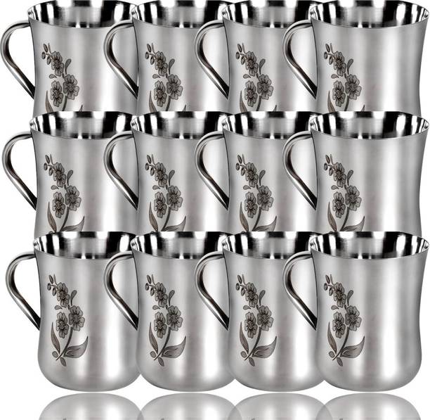 अर्था Stainless Steel Laser-Printed Cups – Set of 12 | 120 ml | Mirror Polish Finish स्टेनलेस स्टील