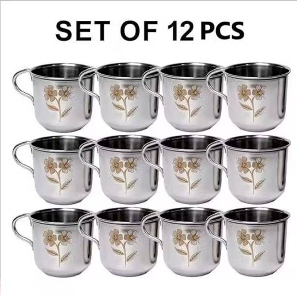 Veatool Pack of 12 Stainless Steel Pack of 12 Stainless Steel Tea Cups 100ml Each, Laser Designed, Silver Finish