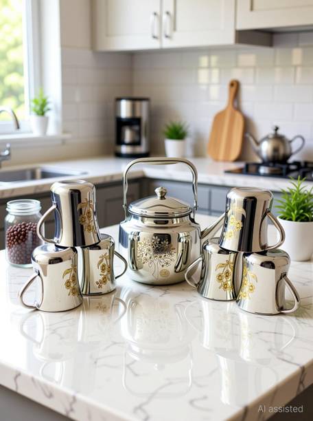 CLASY Pack of 7 Stainless Steel Stainless Steel Laser Printed Tea Kettle With 6 pcs Of Tea/Coffee Cup