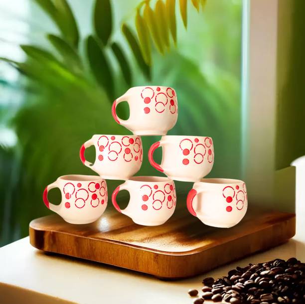love unlimited Pack of 6 Ceramic White Red Tea Cups Set of 6 | Coffee Mugs for Home Office