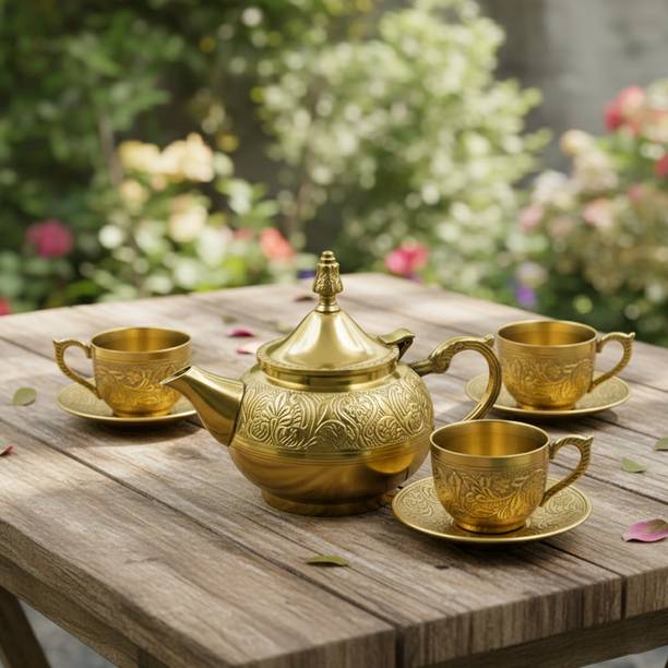 Moongil Pack of 3 Brass Tea Pot with Peacock Cup and Saucer Set of (3)