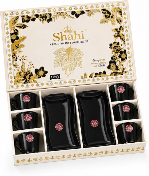 SHAHI Pack of 8 Ceramic Shahi Premium Black Ceramic Serving Set 6 Pieces | 2 Snack Platters & 4 Tea Cups