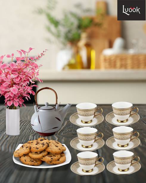 LVOOK Pack of 12 Ceramic Uber Gold Cup N Saucer