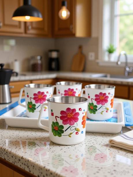 Rema Pack of 7 Stainless Steel, Plastic Cups for Coffee and Tea Set of 6 Pieces With Serving Tray