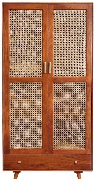 ISHIKA FURNITURE Samrat Finish Cane Wardrobe with Rattan Doors & Drawers Solid Wood Almirah