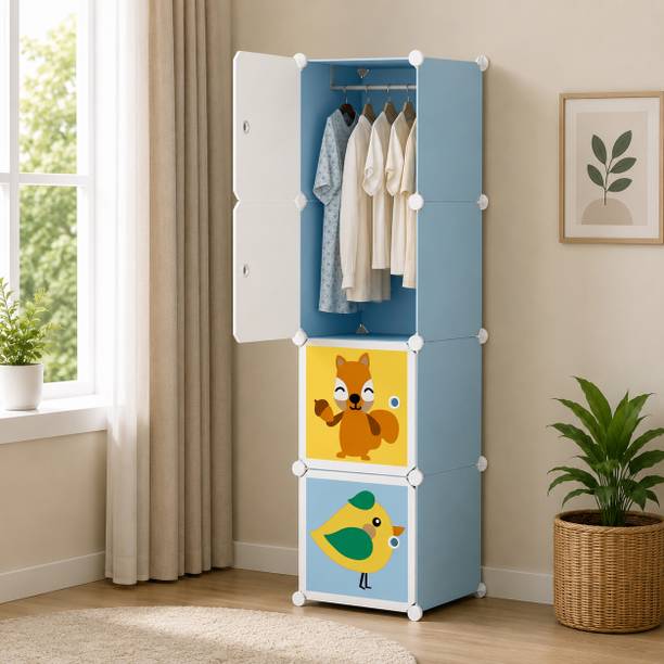 LixaH 4 Door Kids Modular Storage Wardrobe with Hanging Section Plastic Cabinet Plastic Cupboard