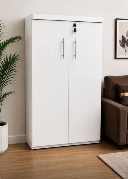 DiamondF 2 Door Wooden Storage Cabinet 6 shelves with Lock | Multipurpose White Almirah Engineered Wood Almirah