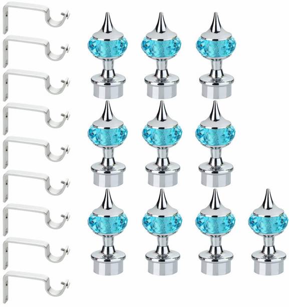 GLOXY Light Blue, Silver Rod Rail Bracket, Curtain Knobs, Curtain Hooks, Curtain Rods Metal