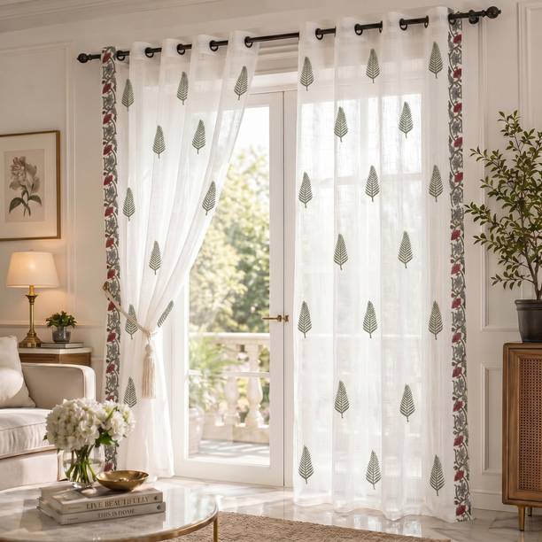 LINENWALAS 213 cm (7 ft) Door Cotton Semi Transparent Curtain (Pack Of 2)