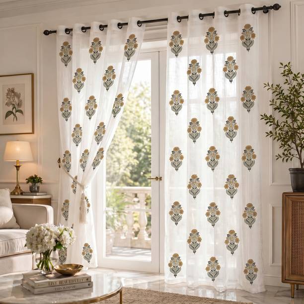 LINENWALAS 213 cm (7 ft) Door Cotton Semi Transparent Curtain (Pack Of 2)