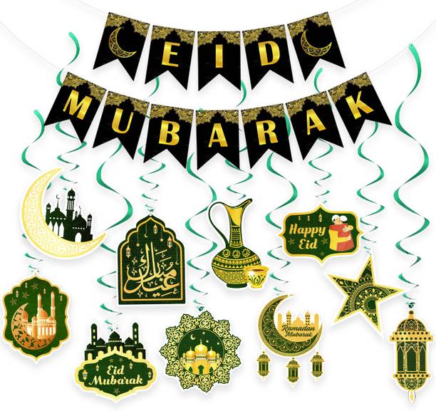 Rozi Decoration Happy Eid Mubarak Banner Decoration, 10 Swirls Combo Kit with Paper Cut-outs