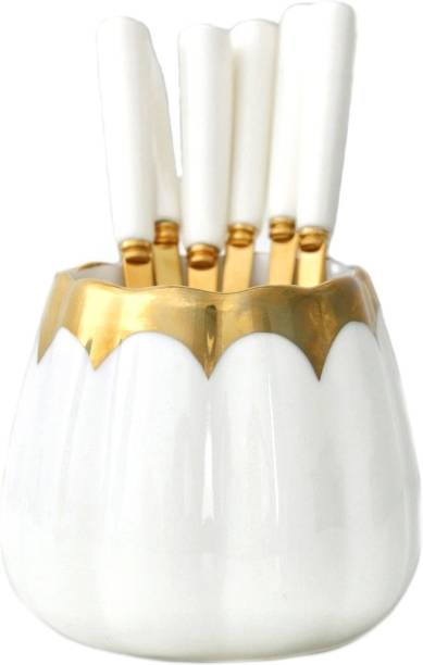 The Procure Store Luxury White Fruit Fork and Spoon Set Ceramic, Stainless Steel Cutlery Set