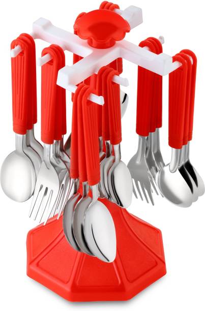 Flipkart SmartBuy Cutlery 6 Spoon, 6 Fork, 6 Baby Spoon & 6 Knife Set with Stand for Kitchen (Red) Plastic, Stainless Steel Cutlery Set