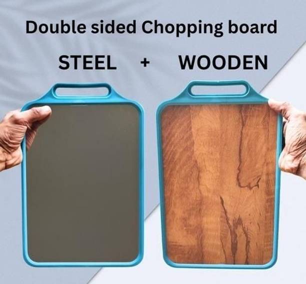 Denzo 2-in-1 Stainless Steel + Wooden Dual-Side Cutting Board ,Vegetables, Fruits. Wooden, Stainless Steel Cutting Board