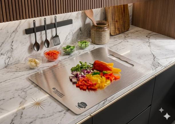 RESTOKART Antiskid -Steel cutting Board-Small (31*20 CM) |Vegetable cutter Board| Stainless Steel Cutting Board