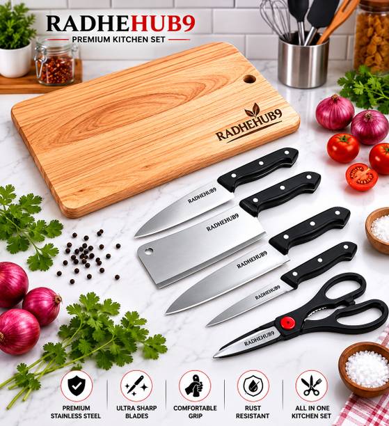 radhehub9 Stainless Steel 5-Pcs Knife Set with Wooden Chopping Cutting Board for Vegetable Stainless Steel, Wooden Cutting Board