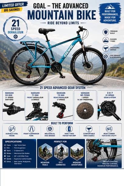 GOAL 21 SPEED|| IMPORTED FRAME || DOUBLE DISC|| FRONT SUSPENSION 26 T (inch) Mountain Cycle