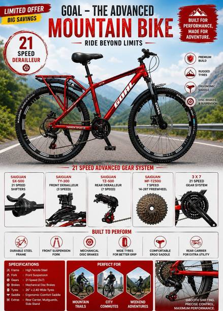 GOAL 21 SPEED || IMPORTED FRAME|| IN BUILT CARRIER|| FRONT SUSPENSION|| DOUBLE DISC 26 T (inch) Mountain Cycle