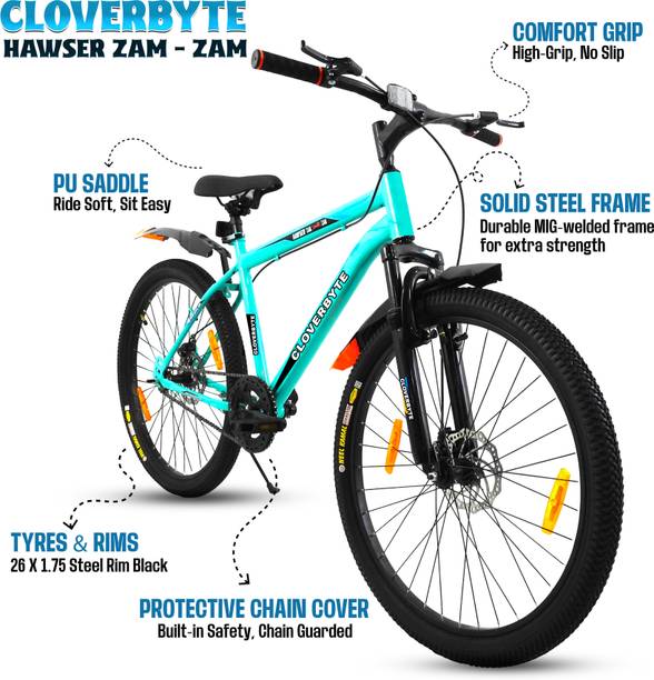 CLOVERBYTE MTB SEA Blue Cycle with Dual Disc Brake & Front Suspension Bicycle for Adults 26 T (inch) Mountain Cycle