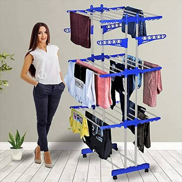 Goldstores Heavy Duty Double Pole 3 Layer Cloth Drying Stand for Balcony Cylinder Drying Rack