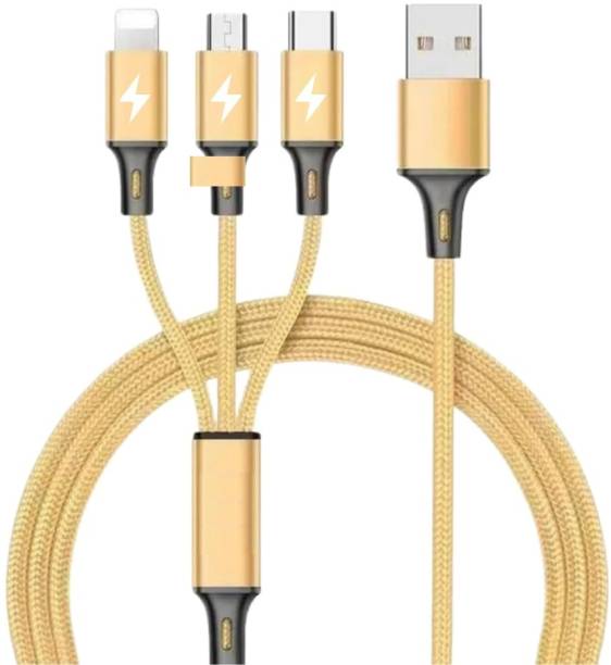BASS BLING 3-in-1 Cable 1.2 m COPPER BRAIDED Nylon Braided Multifunctional Cable 1.2 Mtr Long, Multi charging cable for Micro usb, iPhone & Type C devices (Golden)