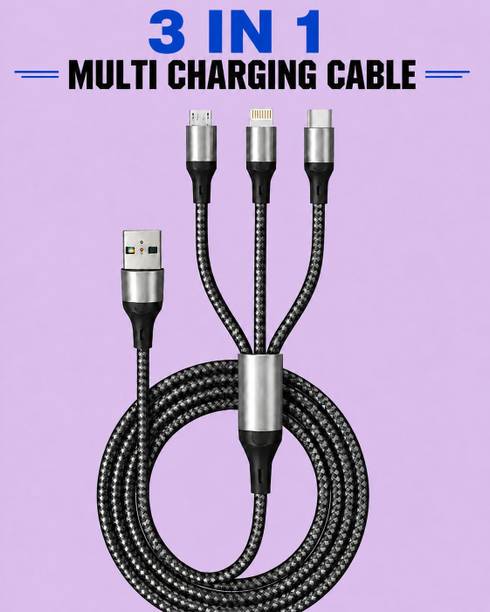 Velmi 3-in-1 Cable 3 A 1 m BRAIDED 65W 3-in-1 Nylon Braided Charger Cable for Mobile Phones