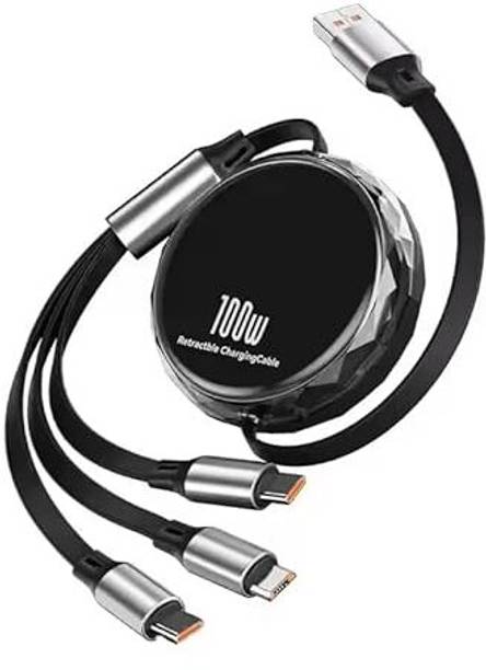 SAVI 3-in-1 Cable 1.2 m 100W/6A Speed Fast Charging Retractable USB 3.0 Cable 4 Ft/ 1.2m to 3 in 1 Long Charging cord with Type C + Micro USB + Lightning Connector
