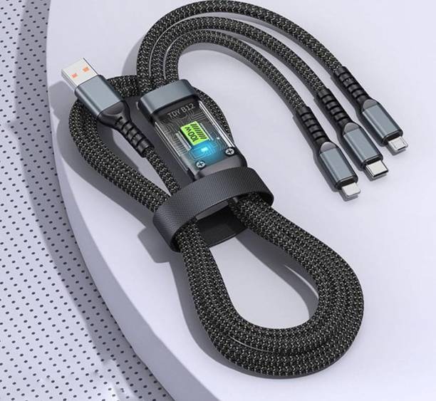 Precizy 3-in-1 Cable 1 m 3 Charging Cable USB 100W USB C Fast Charger Cable with LED Display Cord 3-in-1 USB to Type C/Lightning Connectors VOOC/FLASH/DART/WRAP (Black)