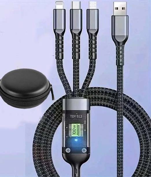 3D GOLDTM 3-in-1 Cable 1 m 100W Transparent Luminous 3in1 Multipurpose Cord Charging Data Cable+Pouch