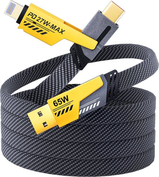 MAK 4-in-1 Cable 3 A 1 m Copper Braided Universal 4-in-1 Flat Braided Charging Cable 3A | High-Speed 65W Fast Charging for USB-C & Lightning