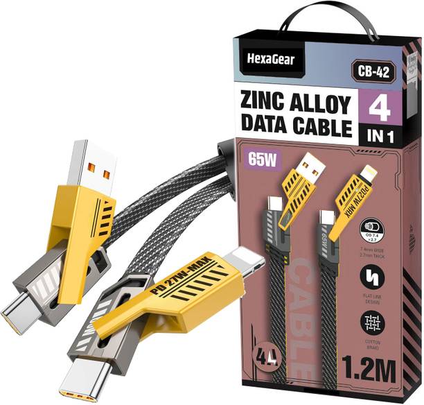 HexaGear 4-in-1 Cable 6 A 1 m METAL BRAIDED 4-in-1 Cable 65W Ultra Fast Charging | Type-A, Type-C, Lightning | Tough Build