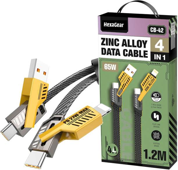 HexaGear 4-in-1 Cable 6 A 1 m METAL BRAIDED Smart 65W Multi Charging Cable | 4-in-1 Port | High Speed, Tangle Free Design