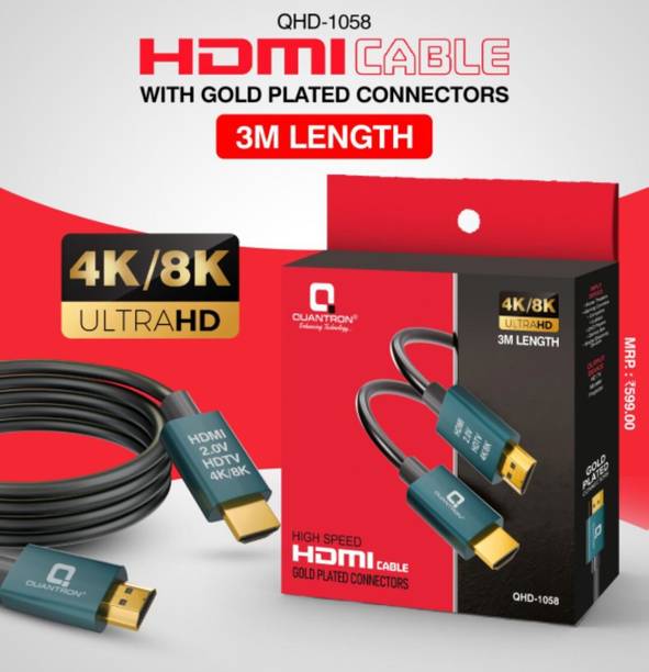 Quantron HDMI Cable 3 m QHD -1058 HDMI CABLE ITH GOLD PLATED CONNECTORS 3 MTR LENGTH, 4K/8K ULTRA HDMI CABLE.