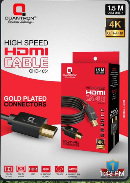 Quantron HDMI Cable 1.5 m QHD-1051, 1.5 MTR 4K ULTRA HD GOLD PLATED HIGH SPEED HDMI CABLE .
