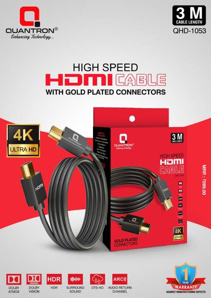 Quantron HDMI Cable 3 m QHD-1053, 3 MTR HIGH SPEED 4KULTRA HD HDMI CABLE WITH GOLD PLATED CONNECTORS.