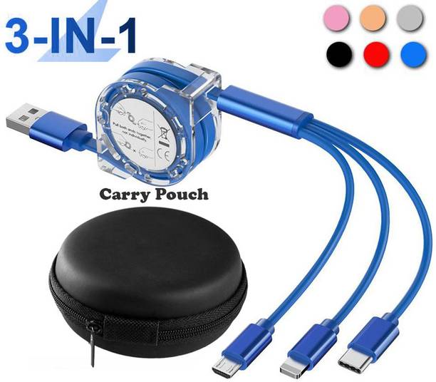BUFONA Micro USB Cable 1.3 m Multiple Charging 3in1 Retractable USB Data Cable Multi Purpose Charging Cable