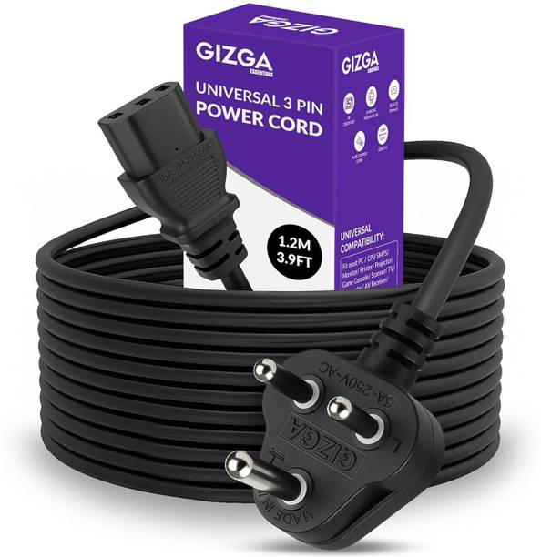 Gizga Essentials Power Cord 1.2 m Universal 3 Pin Power Cord, ISI Certified, Copper Core for PC, TV, Printer